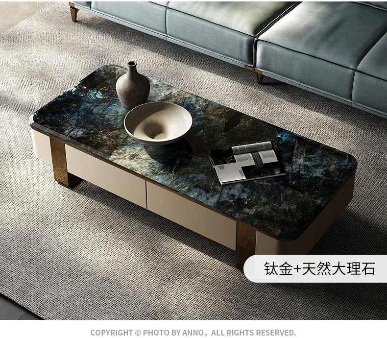 

N Natural Marble Tea Table Italian Style Light Luxury Microlite Stainless Steel Tea Table Living Room Home Combination
