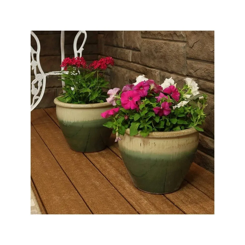 Chalet Ceramic Indoor/Outdoor Planter UV and Frost-Resistant  Seafoam Glaze Finish  12-Inch - Set of 2 Flowerpot Vase Pots