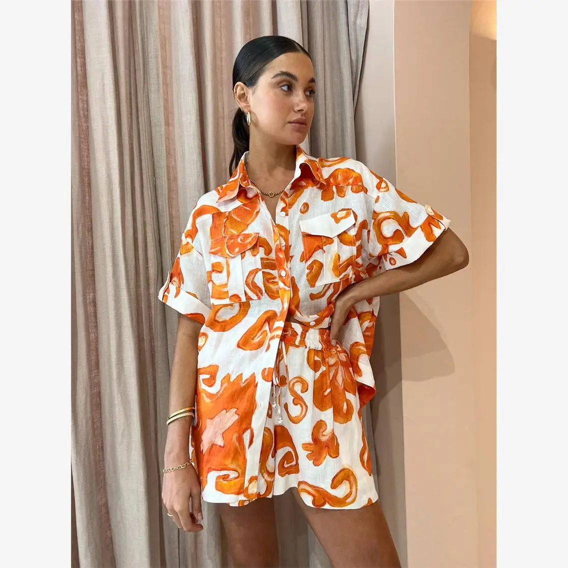Conjunto irt holgado con solapa estampada informal para mujer, ropa holgada para mujer, colección de verano 2023