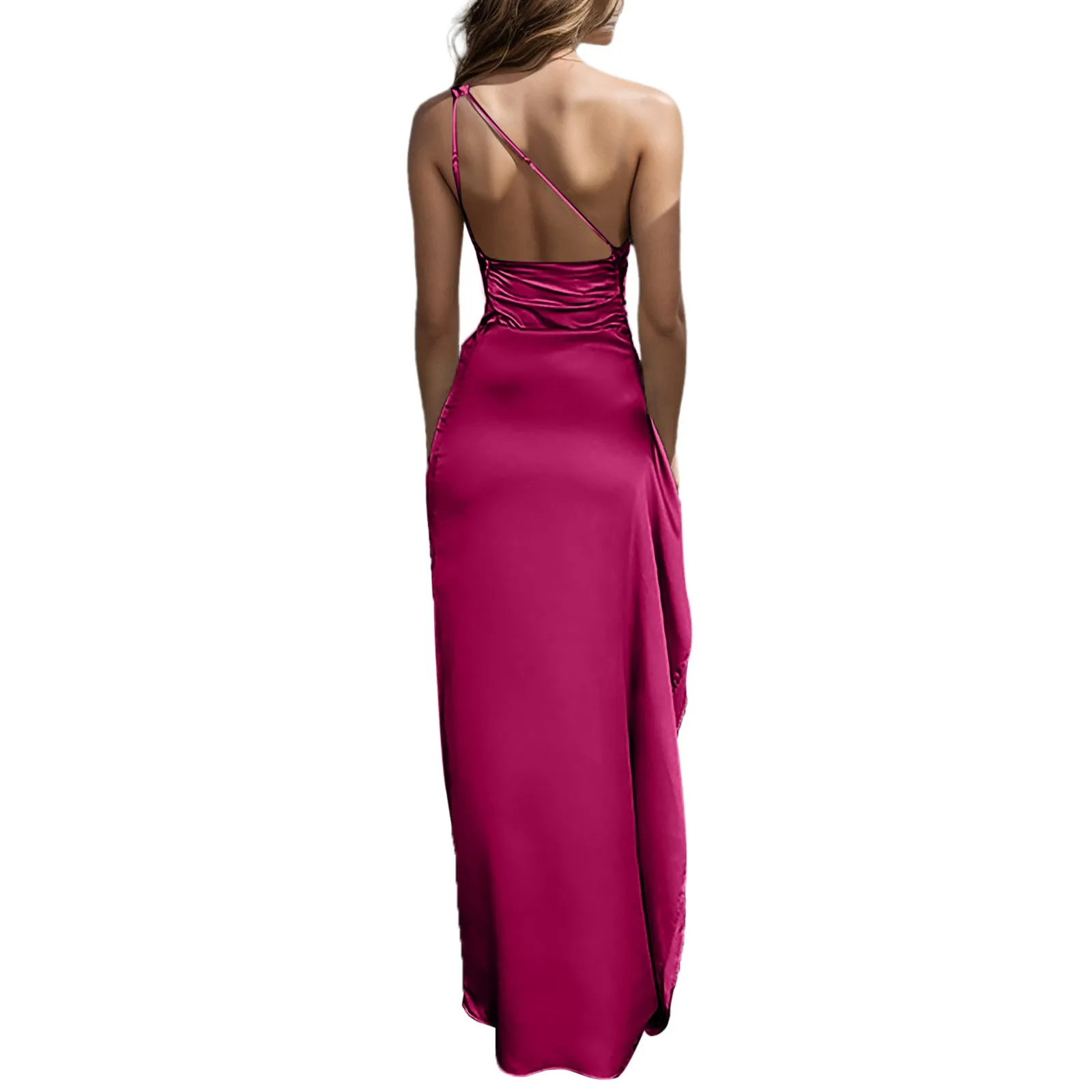 Frauen sexy One Shoulder Satin langes Kleid einfarbig ärmelloses Maxi kleid High Split Cocktail Hochzeits feier weibliche Kleider