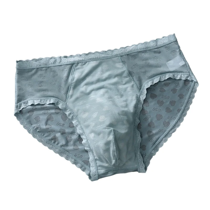 Men Underwear Lace Edge Ice Silk Panties Heart Jacquard Naked Traceless Briefs See Through Lingerie Erotic Sissy Underpants
