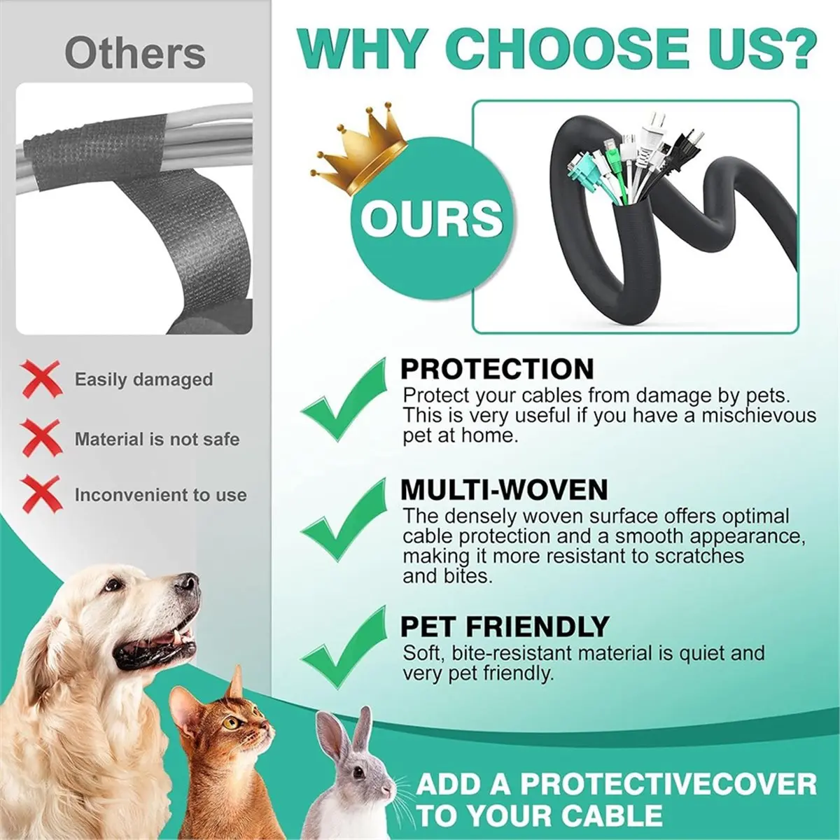 ABYA Dog and Cat Cord Protector 10ft-3/8inch,Flexible Cable Sleeve for Easy Cord Management,Protects Cables From Pets Chewing