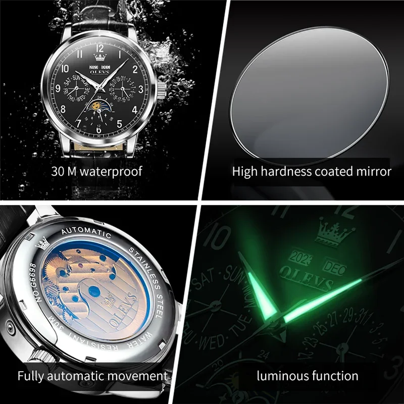 OLEVS 남성용 다기능 가죽 스트랩 손목 시계, 문페이즈 방수 레저 원피스, 6698