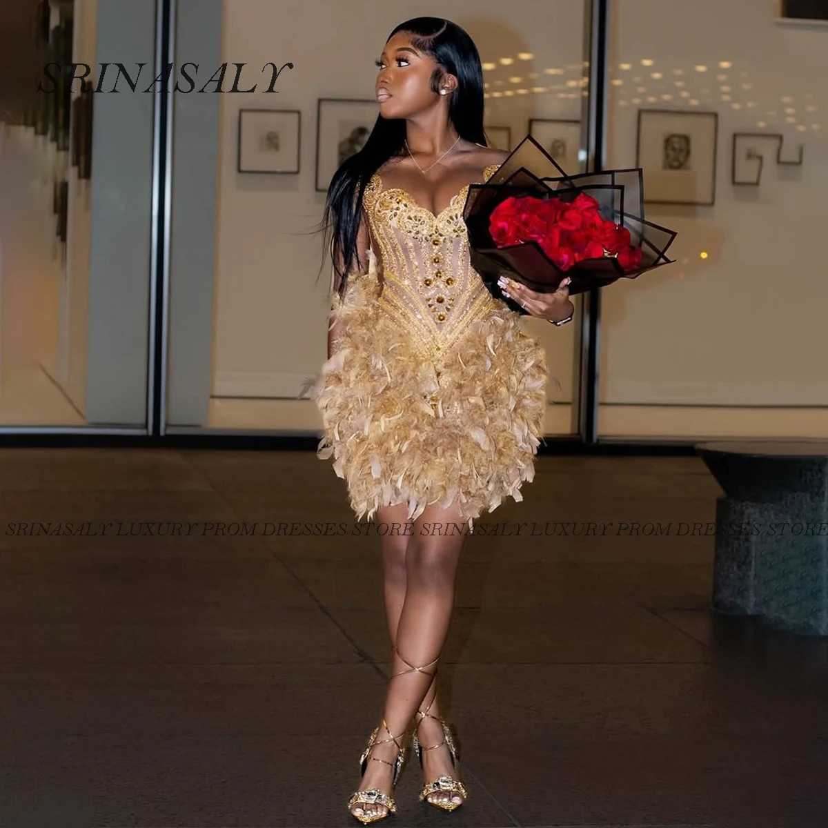 

Customized Sparkly Diamond Short Prom Dress Luxury Sheer Neck Beads Crystal Party Cocktail Gowns Formal Feather vestidos de gala