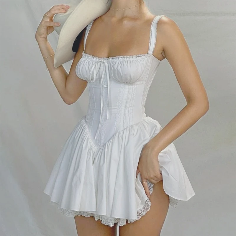 

European and American Sexy Women's Clothing Lace Splicing Suspender Skirt Waist Backless Small Skirt, Pure White Dress Women