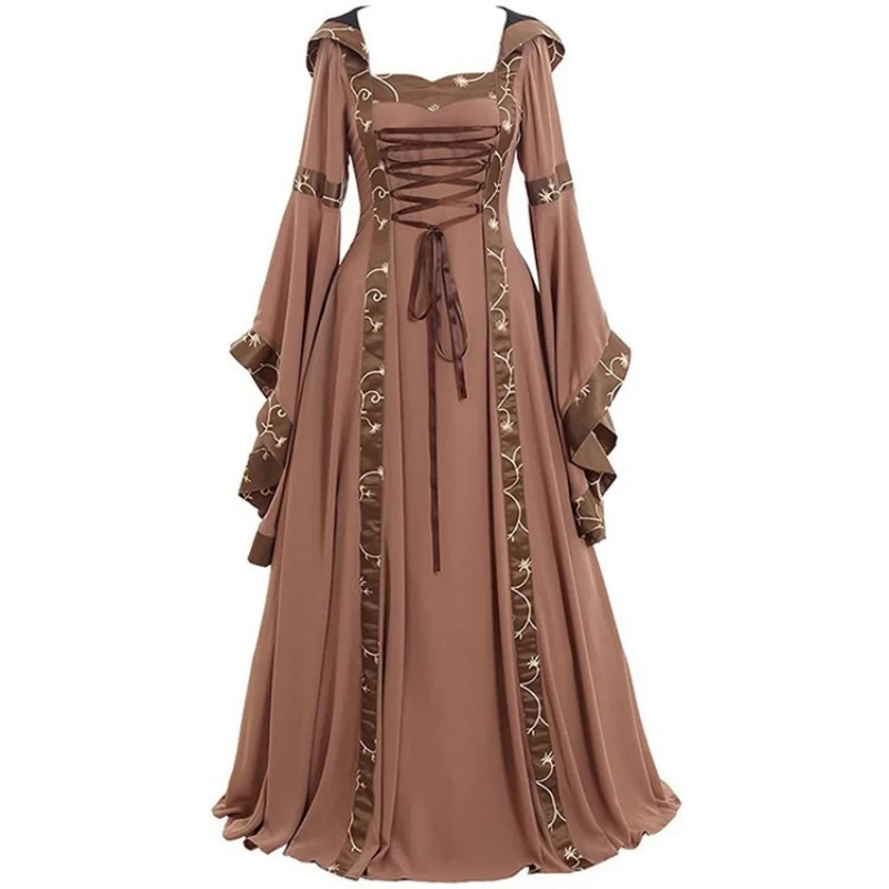 Medieval Retro Hooded Square Neck Solid Color Thin Strap Lace Flared Sleeve A-line Dress