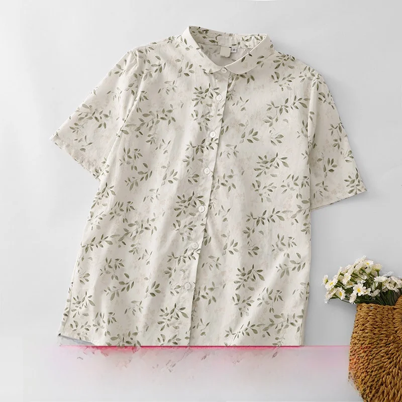 

New Summer Floral Print Loose Fit Shirt Women's Short Sleeve Turn-down Collar Cotton Linen Blend Comfortable Breathable Top