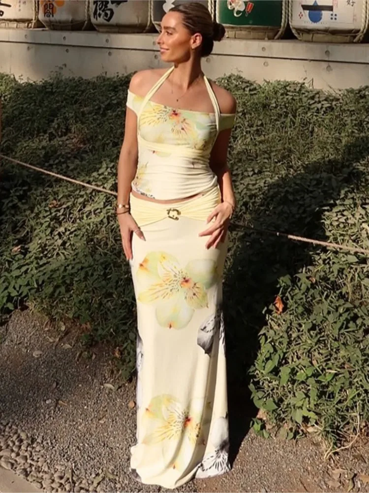 موضة تنورة غير رسمية 2 قطعة مجموعة للنساء 2025 الخريف مثير عارية الذراعين الرسن الرقبة توب سليم مطبوعة تنورة طويلة قطعتين مجموعة