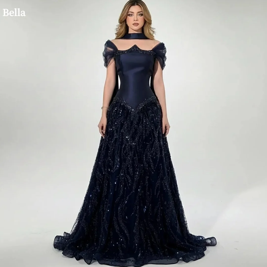 

Bella Customized Navy Blue Sequins Off The Shoulder robes de soirée Long Silk Scarves Party Dresses Floor-Length Prom Dress