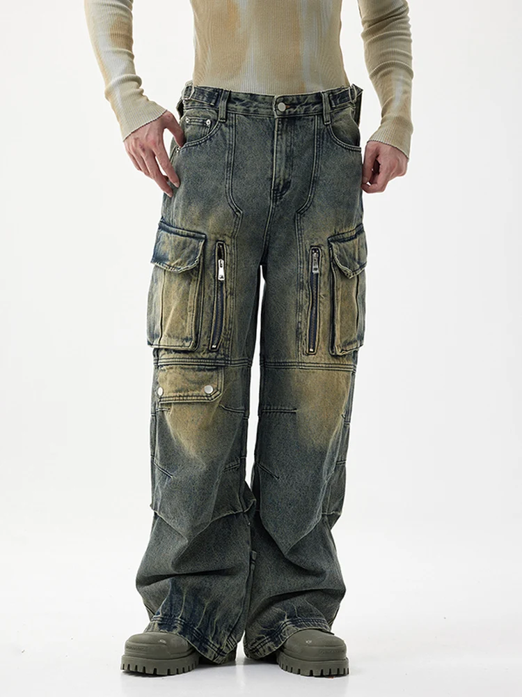 

Bla Armada Vintage Waed Denim Pants High Waist Wide Leg Multi kets American Sle Casual Trousers for Men