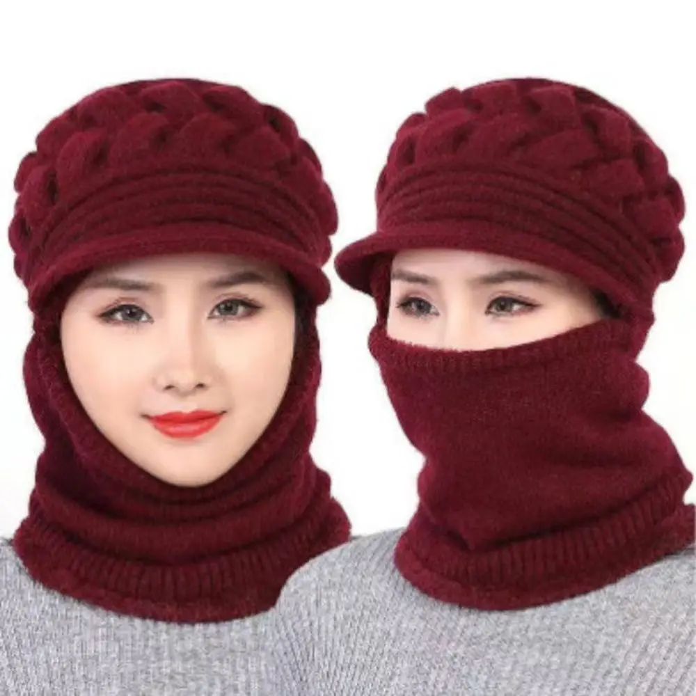 Fashion Winter Knitted Hat with Windproof Brim Fleece Lining Ear Protection Hat Warm Thicken Neck Gaiters For Women