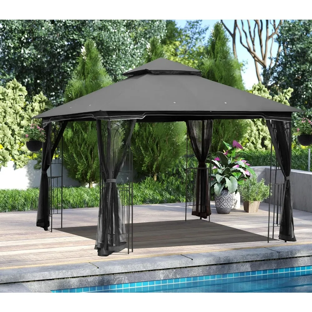 

Outdoor Gazebo 10'x10', Heavy Duty Canopy Tent with Soft Double Roofs & Metal Corner Frame Shelves, Party Tent Shelter with Mos