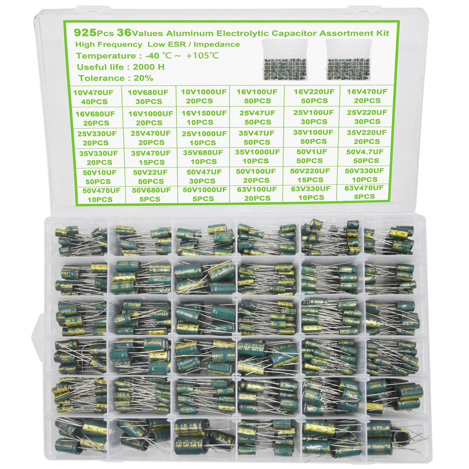 925Pcs 36Values Aluminum Electrolytic Capacitor Assortment Kit Low ESR 1uF 4.7uF 10uF 22uF 47uF 100uF 220uF 330uF 470uF 10V-63V