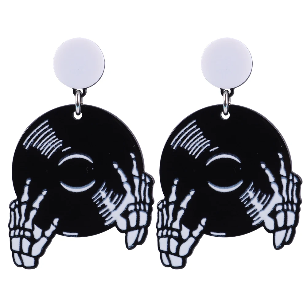 Fashion Skull DJ Vinyl Record Acrylic Drop Earrings for Women Personalized Disc Skeleton Finger Dangle Earring Jewelry Gifts