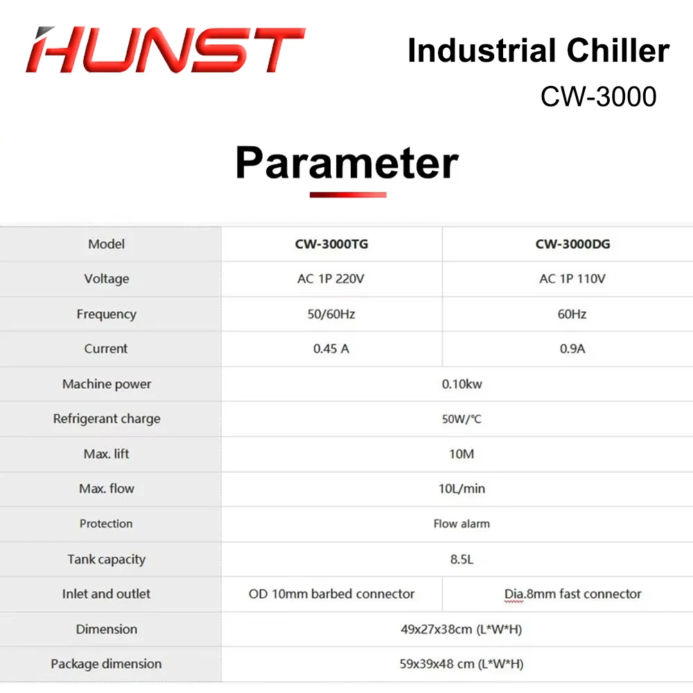 HUNST S&A CW3000 Industrial Water Chiller for CO2 Engraving Cutting Machine Cooling 40W 50W 60W 80W Laser Tube DG110V TG220V