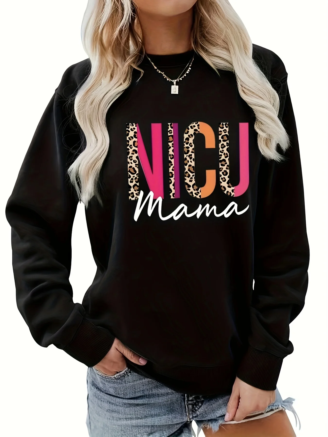 

Casual wear: Fashionable "NICU Mama" leopard print hoodie, comfortable long-sleeved round neck