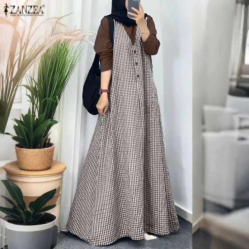 

Модное мусульманское платье-абайя ZANZEA 2026 года, весеннее, в клетку, с лоскутным узором, женское, с длинным рукавом, для Рамадана, хиджаб, сарафан, платье-туника