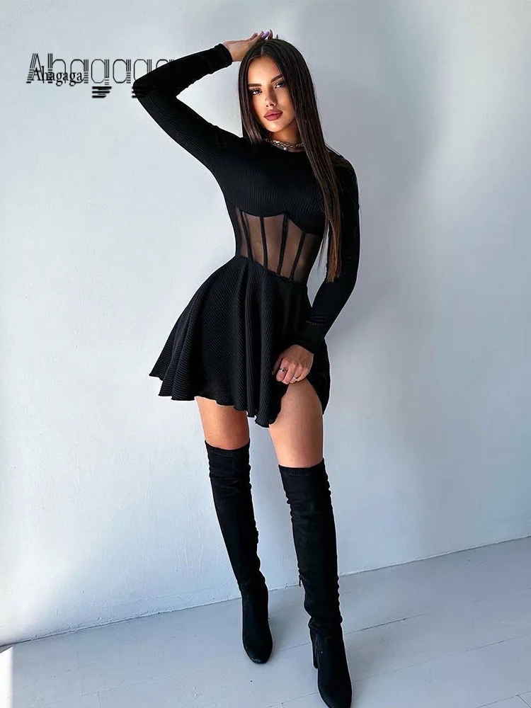 Ahagaga Fashion Solidne damskie mini sukienki A-Line Knitted Sheer Slim Fit Long Sleeves Bodycon O-Neck Party Streetwear Vestidos