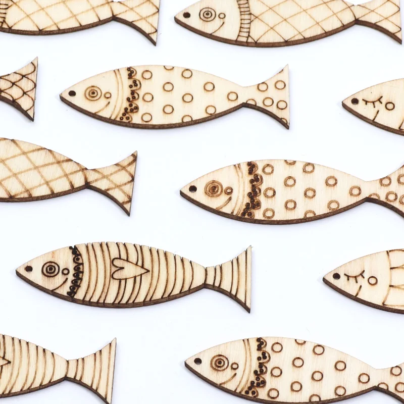 20pcs Mixed Fish Cartoon Wooden Slices Embellishments DIY Crafts For Scrapbooking Handmade Wood Ornament Home Decor Supplies