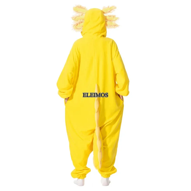 ELEIMOS-Pijama de Halloween de Axolotl amarillo para mujeres y hombres, pijamas de Kigurumis de animales para adultos, pijama de dibujos animados, ropa para el hogar, disfraz de Cosplay