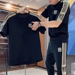 T Shirt Man dres na siłownię spodnie dresowe z garnitury sportowe paskiem odzież męska czarny Top spodnie bluza zestawy moda 2 częściowy strój