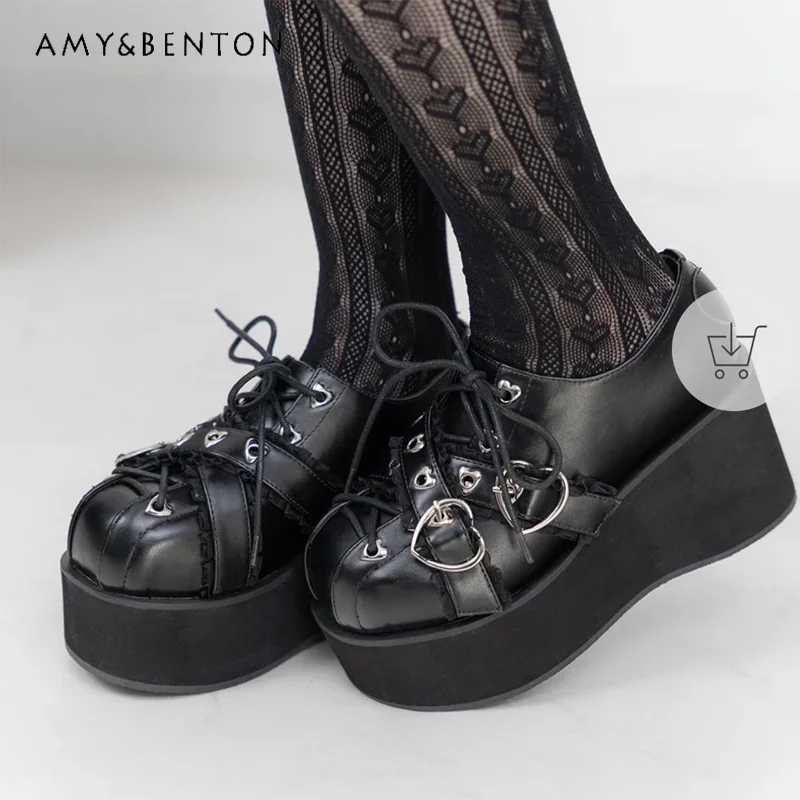 Japanese Mine Mass-Produced Platform Heels Autumn New Sweet Cute Love Buckle High Heels All-Match Lolita Leather Shoes Women