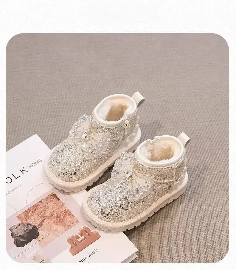 Toddler Girls Winter Snow Boots, Sparkly Sequin Rhinestone Bow Warm Furry Lined Ankle Boots, Anti Slip Kids Boots, Silver Pink