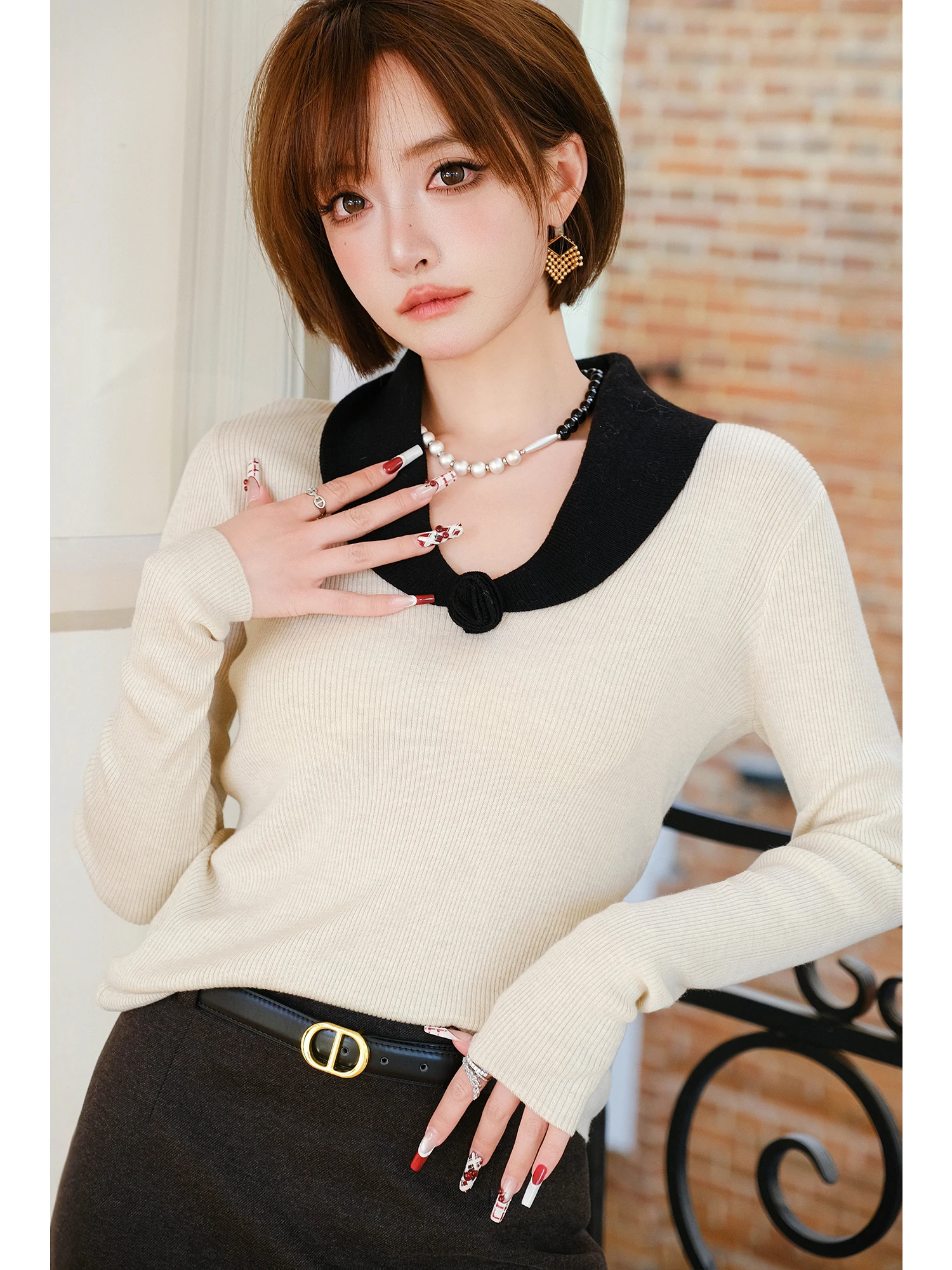 

MIUCO Vintage Knitted V-ne Color Blo Slimming Base Layer Women's Winter Top French Sle Soft Long Sve Regular Fit