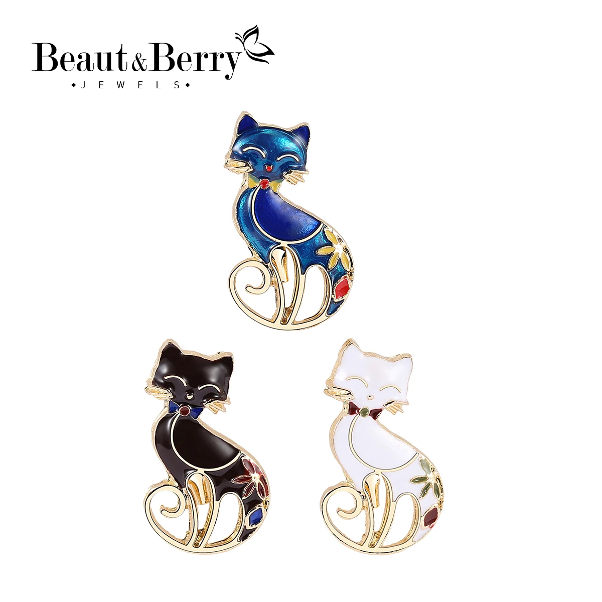 Beaut&Berry Enamel Cat Brooches for Women Unisex 3-color Classic Animal Cartoon Pins Office Party New Year Gifts