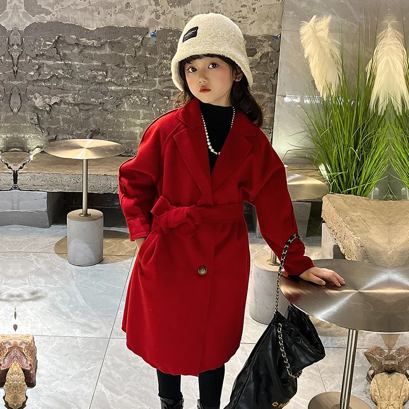 Autumn Teenager Girls woolen coat 2023 autumn Childrens windbreaker Fashion Red Long Outerwear 4-15 years kids clothes jacket