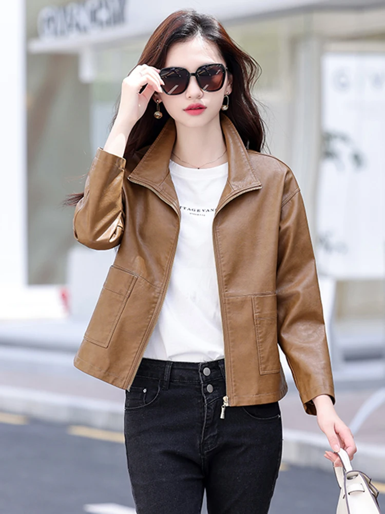 เสื้อแจ็คเก็ตหนังแท้ Haining สำหรับผู้หญิง รุ่นสปริง 2025 สไตล์ฮ่องกง ไซส์ใหญ่ หนังแกะ เสื้อแจ็คเก็ตหนังขนาดเล็ก