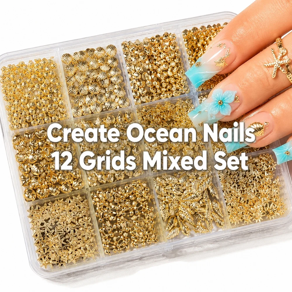 12 Grids Summer Beach Metal Nail Stud Kit With Pick Tweezers Turtle Starfish Seashell Rivets Gel Nail Manicure Decor