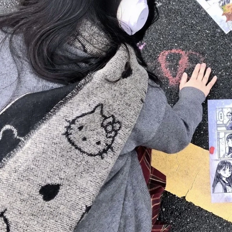 Sanrio Hello Kitty New Fashion Scarf Women Grey Black Aesthetic Scarves Y2k Autumn Winter Cartoon Shawl Female Accessories