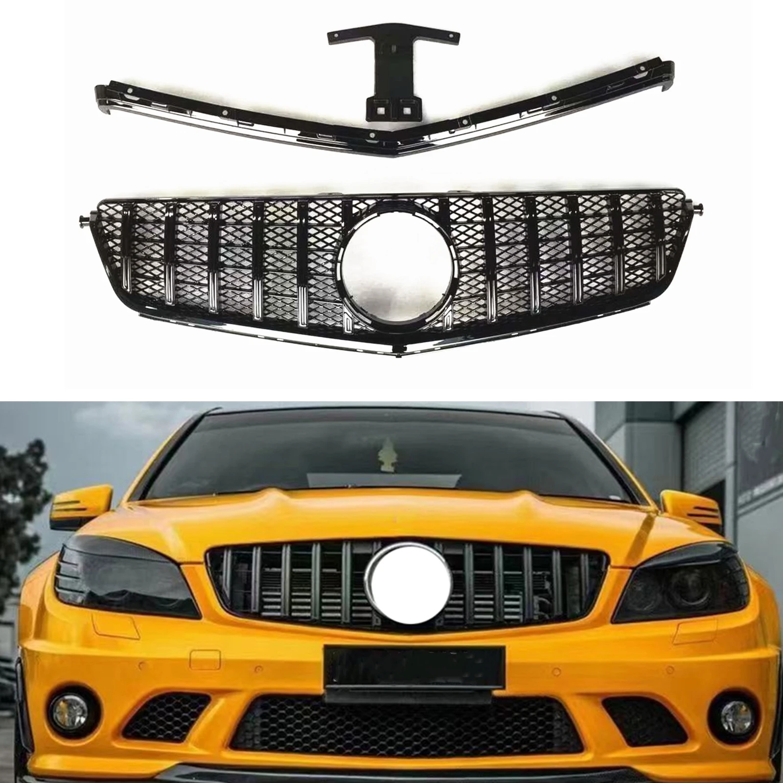 

For Mercedes-Benz C63 AMG 2008-2011 Only GT Black Front Grille Grill With Frame Bracket Car Upper Bumper Hood Mesh Radiator Grid