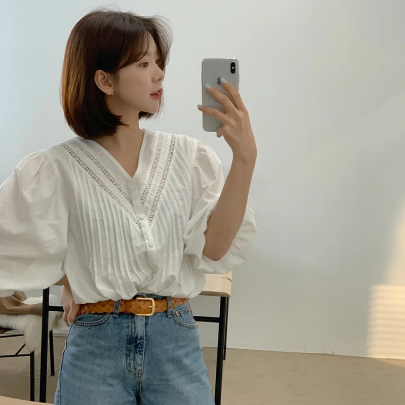 

Chic V-ne Ruffle Patchwork Loose Women's White irt Sweet Oversize Seven-quarter Sve Commute Sle Korean Version