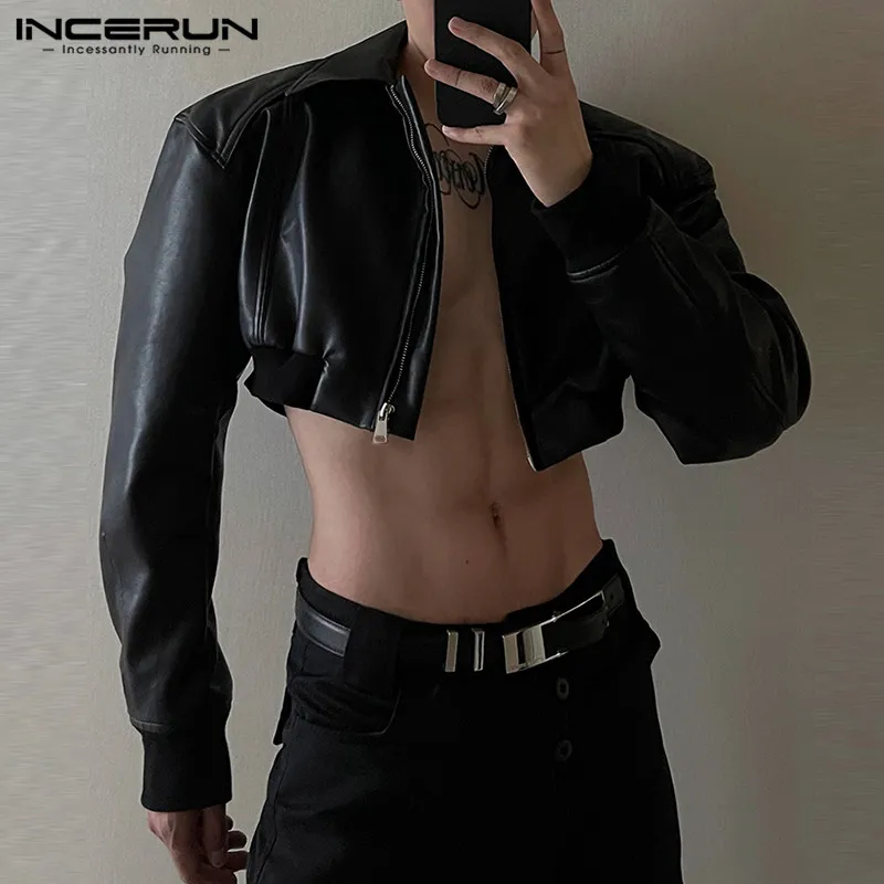 Fashion Men Jackets PU Leather Solid Lapel Long Sleeve Autumn Crop Coats Men Streetwear 2023 Zipper Casual Outerwear INCERUN