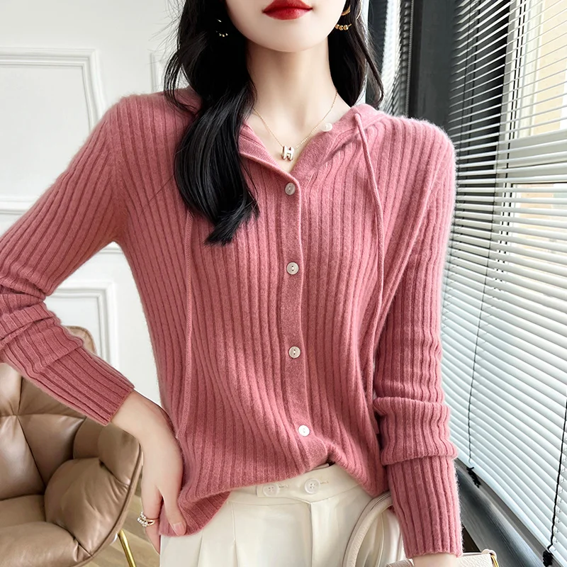 Vertical strip autumn and winter new 100% Merino wool cashmere cardigan Women's o neck cardigan warm bottom knit shirt top