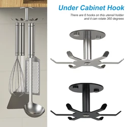 Under Cabinet Hook Rotating Kitchen Utensil Holder 6 Hooks Stainless Steele Utensil Hanging Rack with Screw for Kitchen Bathroom