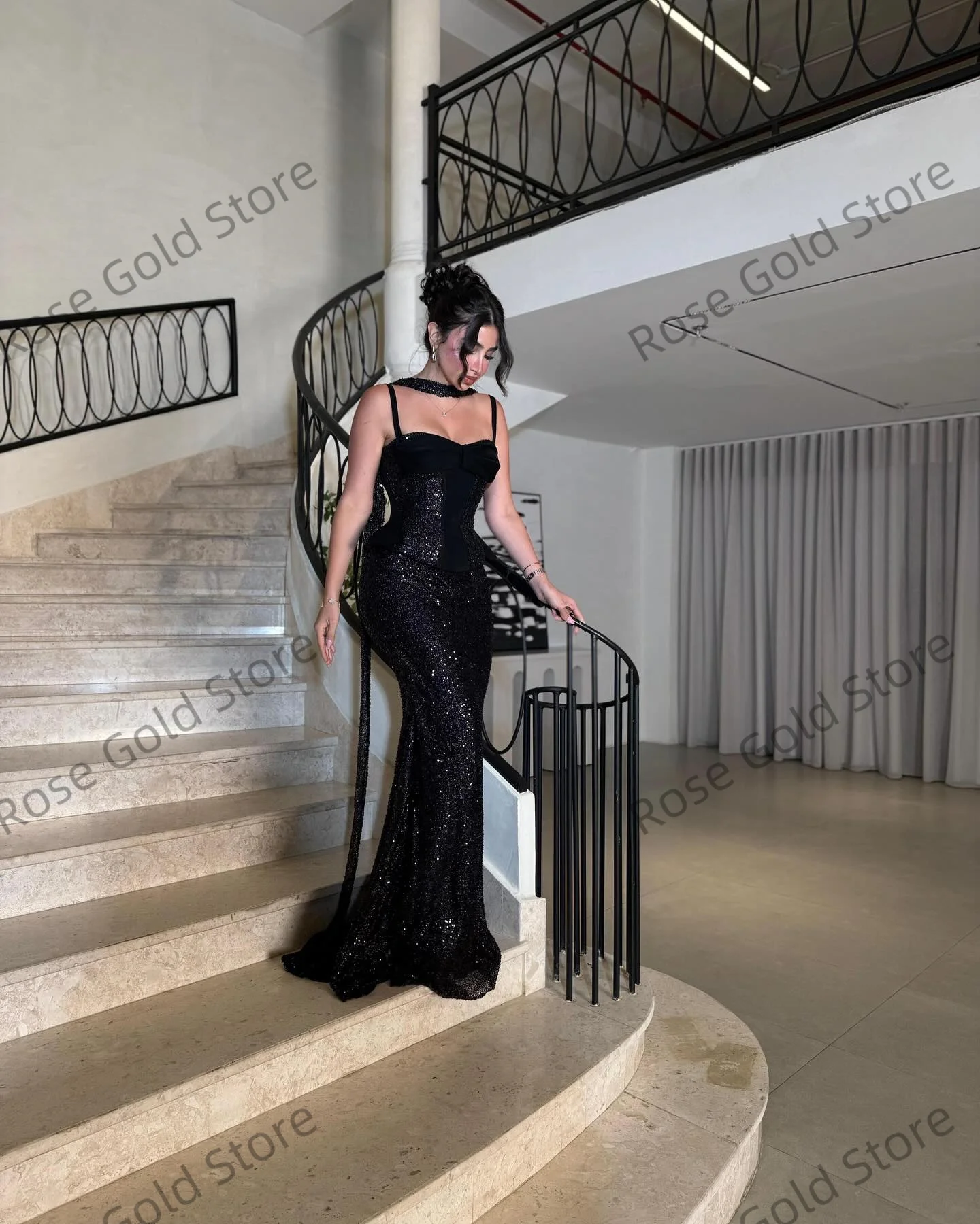 فساتين حفلة موسيقية أنيقة بحورية البحر باللون الأسود على شكل قلب بدون أكمام عربية من فيستدوس دي فييستا لامعة بطول الأرض مخصصة #4
