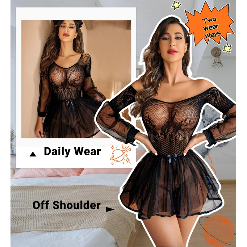 Lingerie sexy arrastão para mulheres, babydoll de renda, vestido manga comprida, malha chemise, nighty, cosplay halloween