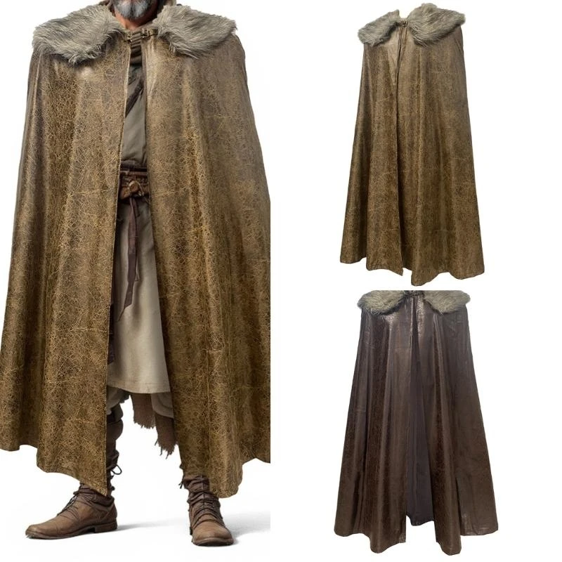 

F92D Elegant Medieval Cloak With Faux Furs Collar For Fashion Lovers Halloween Props