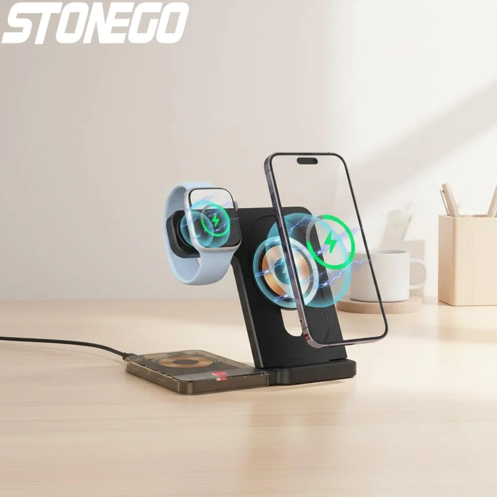 

15W Magnetic Wireless Charger Stand MagSafe for iPhone 15 14 13 12 Pro Max AirPods Apple Watch 8 7 Fast Charging Station