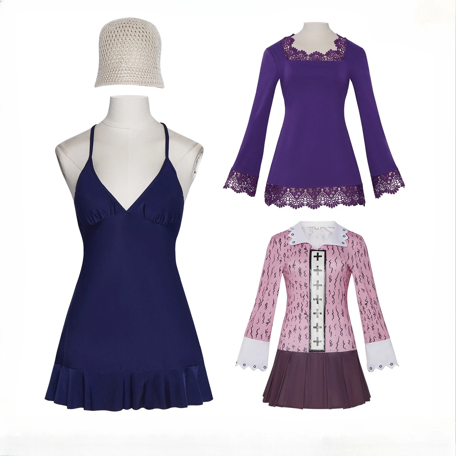 

Anime Nico Robin Cosplay Costume From- 3 Outfit Options with Blue Dress, Purple Top and Pink Blouse for Anime Events Halloween