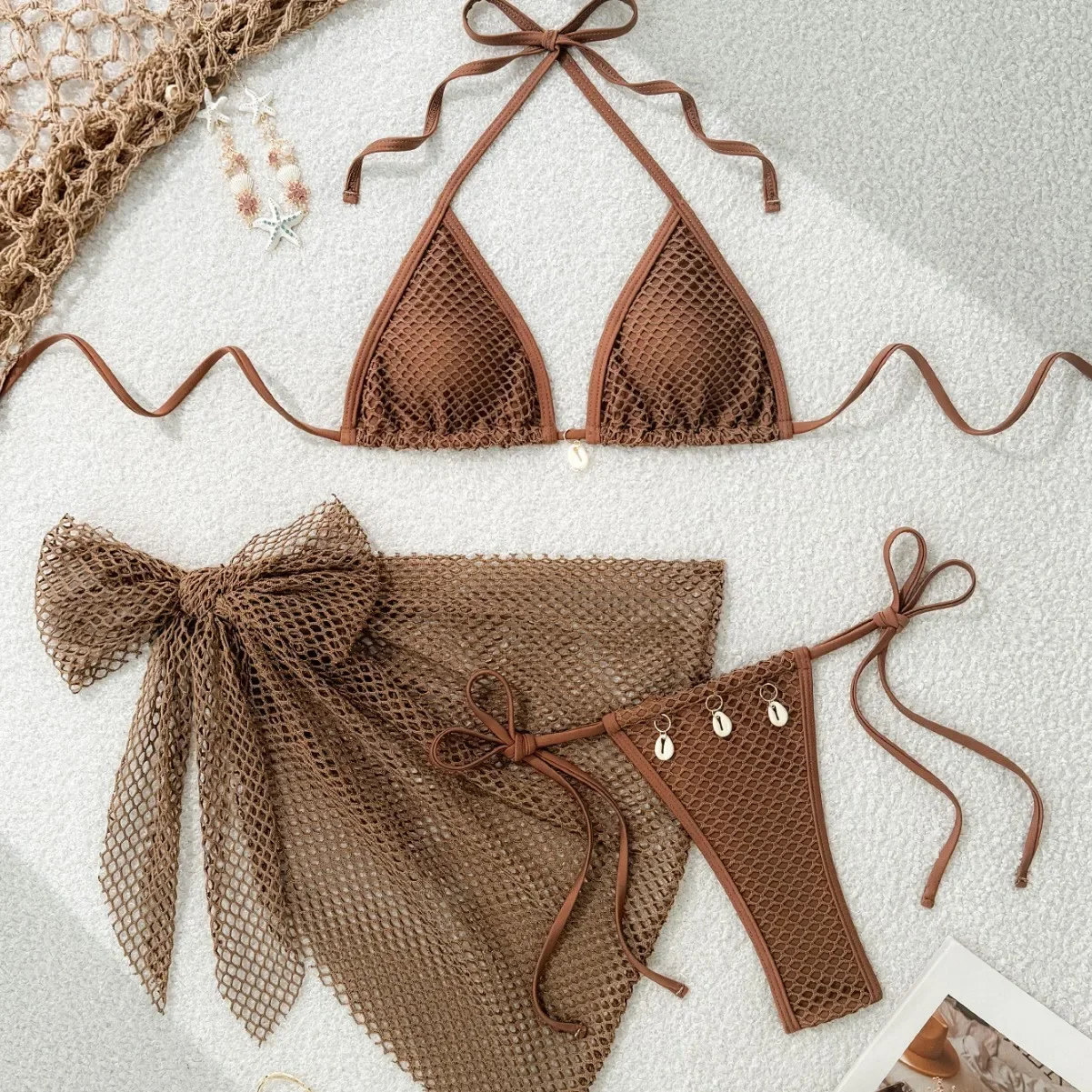 

Sexy Brown Bikini 2025 New Women 3 Pieces Swimsuit Brazilian Swimwear Female Beachwear Thong Bathing Suit Mini Biquini Seashell