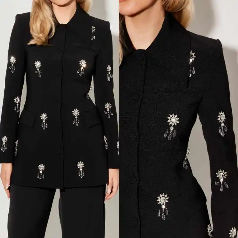 

Luxurious Crystals Women Suits Single Breasted Stand Collar Blazer Sets Plus Size Office Ladies Work Customized 2 Pieces