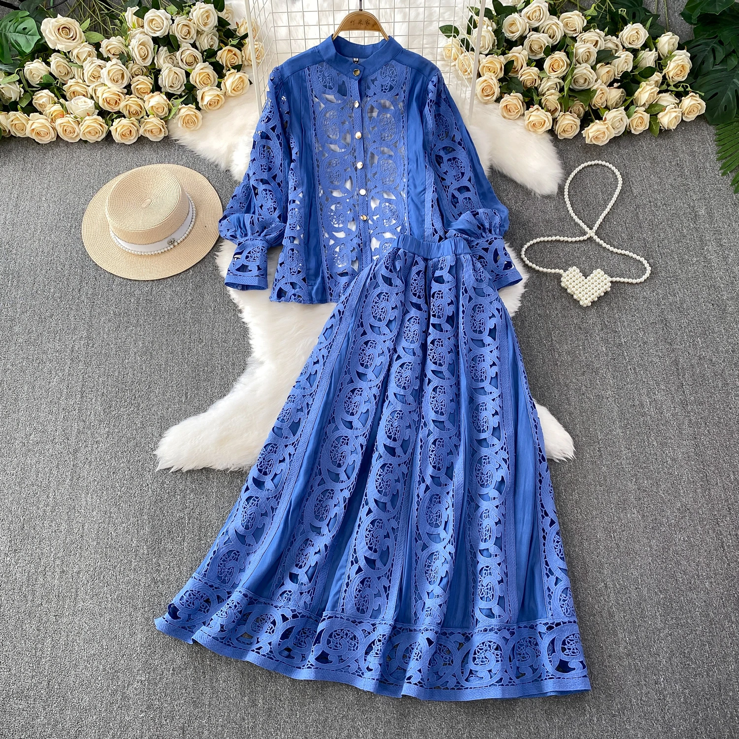 

Casual chic hollow out lace slim fit Dress French high street dress women clothing three-piece suit