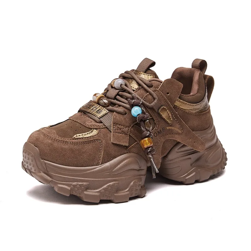 

7cm Dad Shoes Women's 2025 Autumn New Style Platform Sports Shoes Trendy Flatform Casual round Toe Ultra Leather