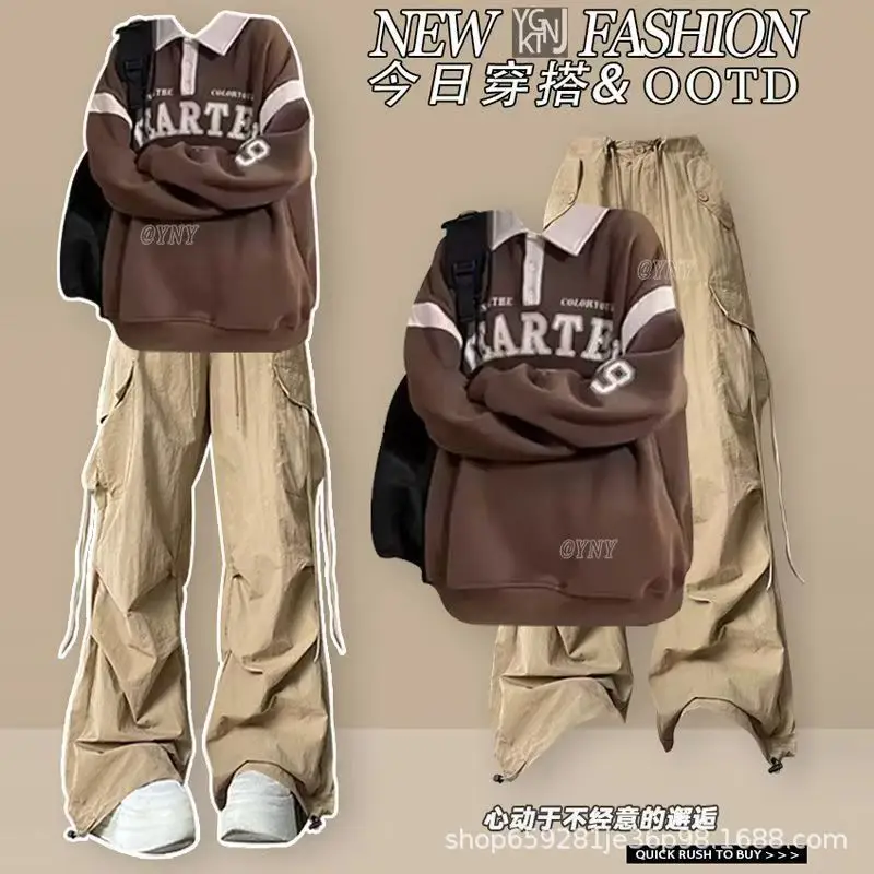 American Retro Polo Collar Shoulder Sweatshirt for Women's Autumn New Style 2025 Long Sleeved Jacket Paired with Workwear Pants