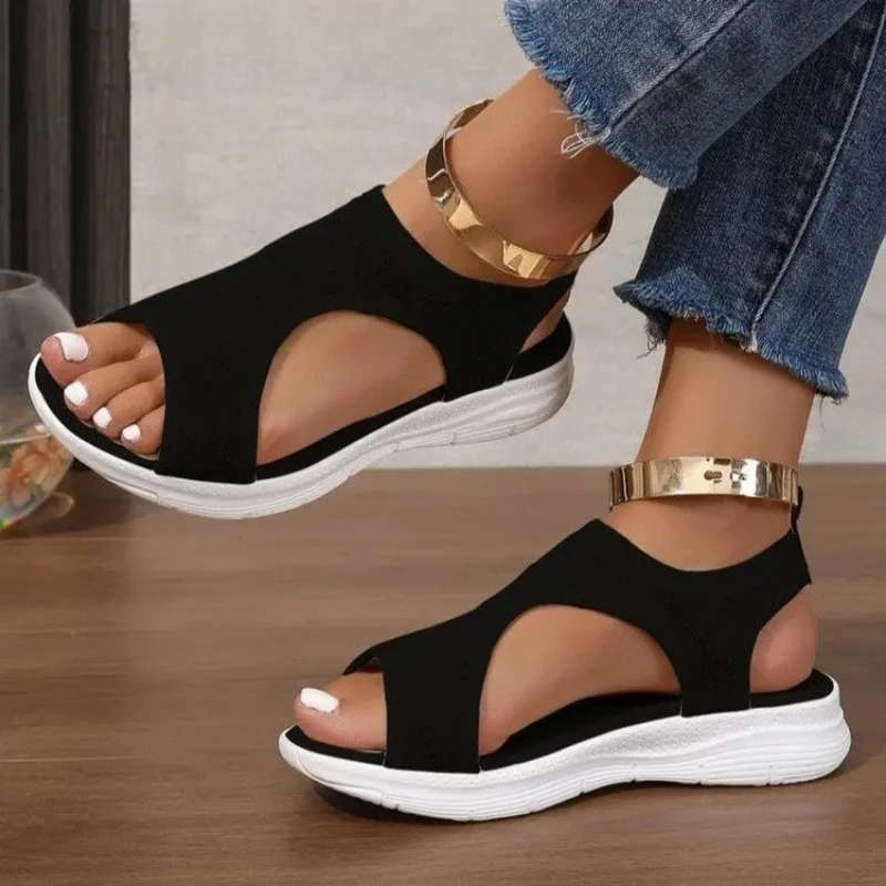 Sommerliche Freizeit-Outdoor-Damensandalen, schlichte Outdoor-Strandsandalen mit Fischmaul-Design, Keilabsatz und Mesh, leichte Outdoor-Sportschuhe