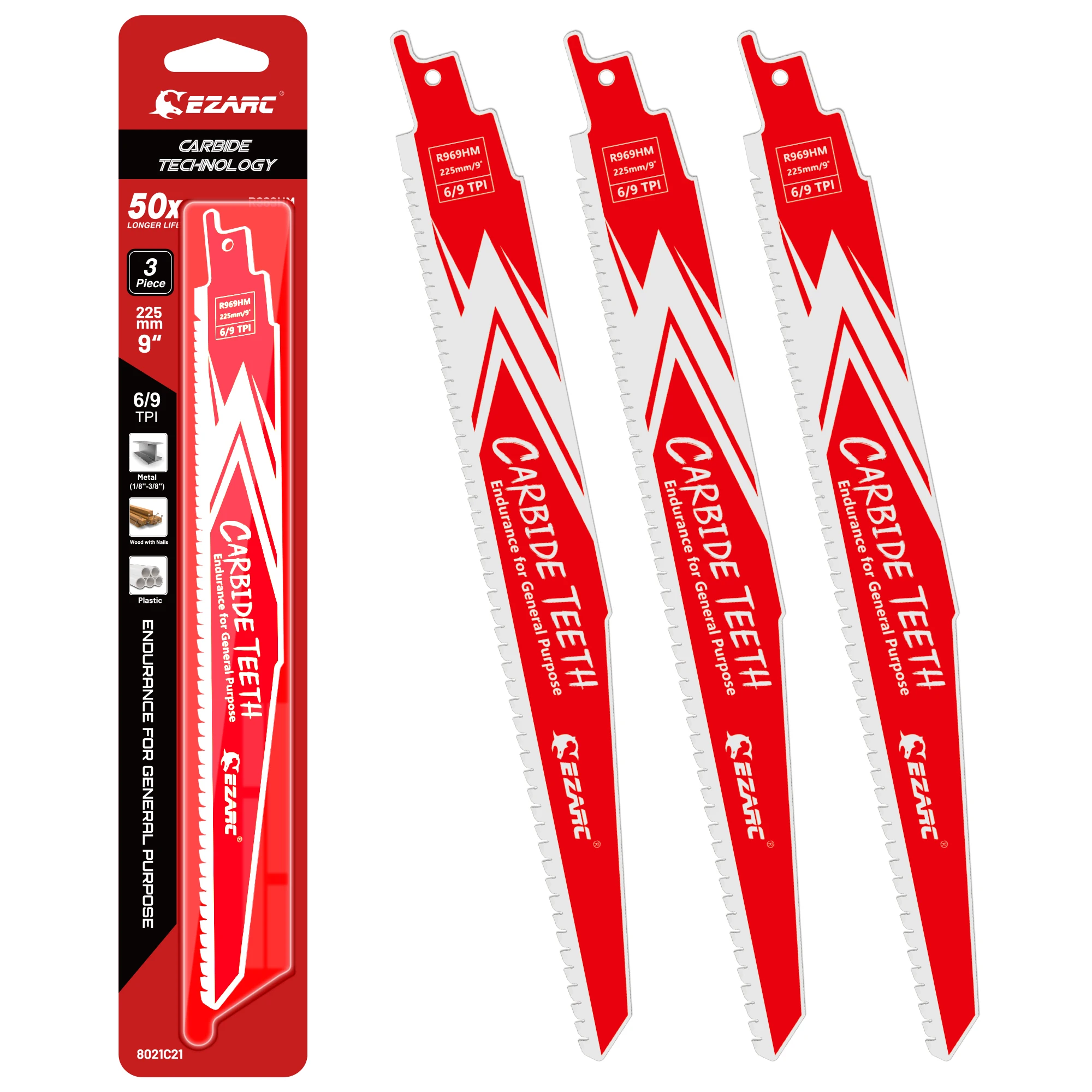 

EZARC 6/9TPI Carbide Reciprocating Saw Blades, 3pcs 150mm/225mm Sawzall Blades for Wood, Wood with Nails, Plastic, Metal